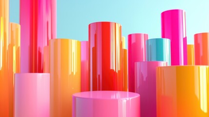 Fototapeta premium Abstract Colorful Cylinders Composition: A vibrant and playful display of glossy cylinders in various heights and colors, creating a dynamic and visually engaging artwork.