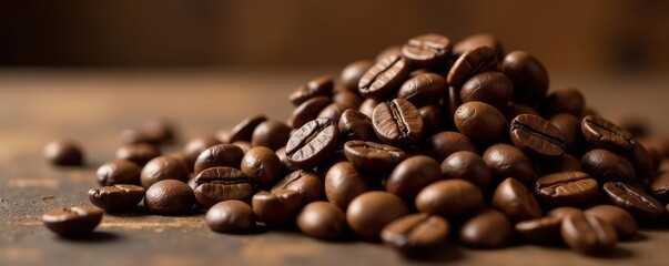 Obraz premium Pile of roasted coffee beans, rich brown tones, grain, drink
