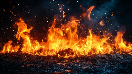 Fiery orange and yellow flames with glowing embers isolated on a black background