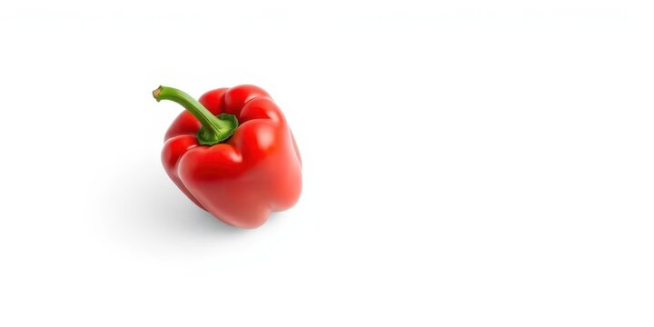 Single vibrant red bell pepper isolated on pure white backdrop, paprika, shiny