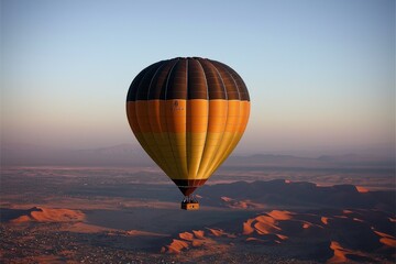 Obraz premium A vibrant hot air balloon floats gracefully above the expansive desert landscape, offering a tranquil and awe-inspiring view, perfect for adventure and travel enthusiasts.