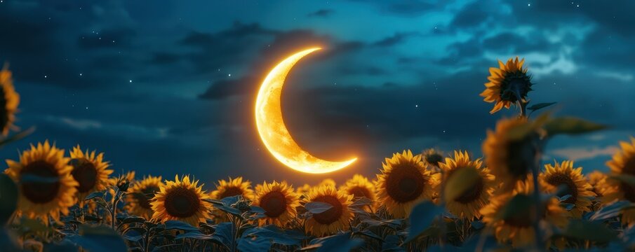 Glowing crescent moon illuminates sunflower field under starry night sky