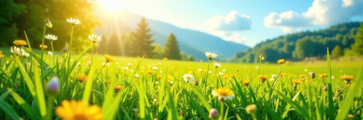 Obraz premium Sun-drenched meadow, vibrant green grass, wildflowers , environment, meadow