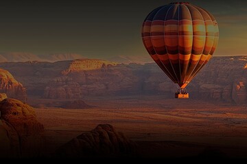 Fototapeta premium An amazing colorful hot air balloon soars over a majestic desert landscape, showcasing rugged mountains and mesas at sunset, creating a serene and breathtaking view.