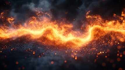 Intense glowing fire flames curling upwards with warmth on a black background