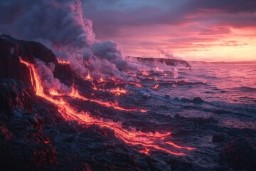 Dramatic scene of lava flowing into the ocean at sunset, with vibrant colors and clouds, showcasing the power of nature and geological activity.