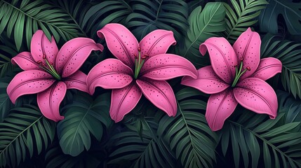 Pink lilies amidst tropical foliage, dark background; nature banner