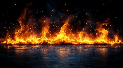 Bright and fiery flames with glowing intensity isolated on a smooth black background