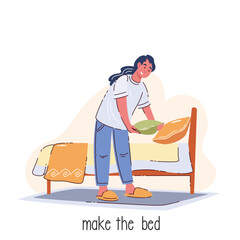 Happy woman making bed cartoon scene. Funny girl in pajamas and slippers holding pillow to make bed in home bedroom. housework, bedding, cartoon homework action of young lady vector illustration