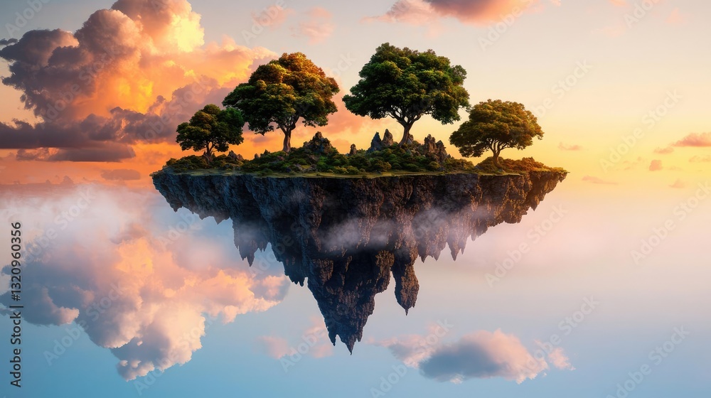 Aufkleber vibrant color art abstract background concept. a serene floating island with trees, reflecting in ca