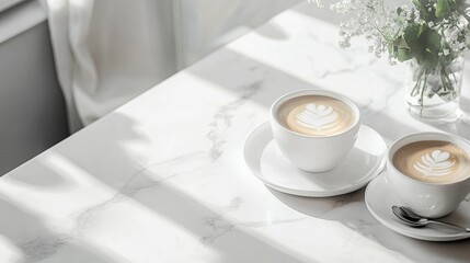 A minimalist ceramic coffee set displayed on a white marble countertop digital