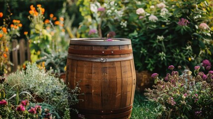 Fototapeta premium Wooden Barrel: A rustic brown barrel made from wooden staves, ideal for aging wine, whiskey, or vinegar, allowing for the development of deeper, richer flavors. 