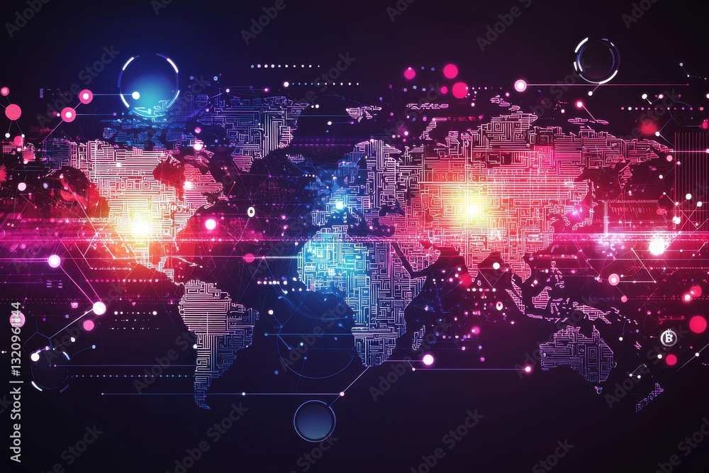 Poster abstract world map with circuit board design and glowing connections, representing global digital ne
