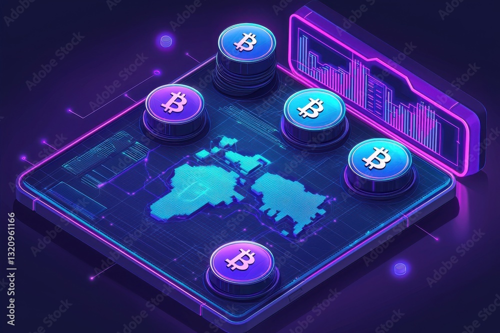 Poster isometric view of digital cryptocurrency platform displaying a world map and bitcoin tokens, represe