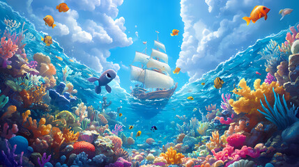 Naklejka premium Underwater scene featuring a vibrant coral reef with colorful fish and a sailing ship above