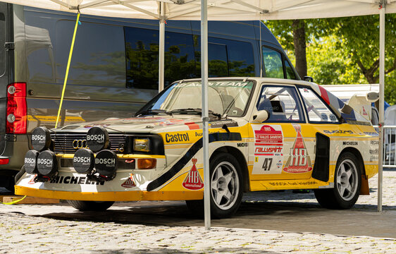 Barcelos, Portugal - 01 June 2024: Audi Quattro S1 E2, a legendary rally car from Group B era, displayed at Rallyspirit 2024