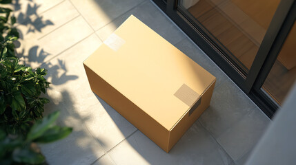 Сardboard parcel box near your front door, top view. Online purchase outside door. Online shopping, fast and reliable delivery service.