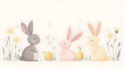 Cute and minimalistic vector illustrations of Easter bunnies in soft pastel shades.