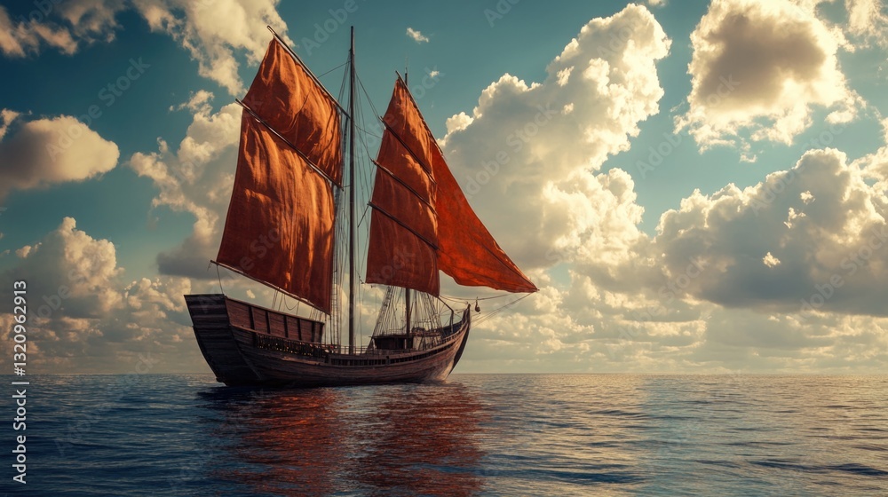 Poster a sailboat with bright red sails gliding across the calm ocean