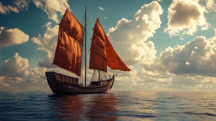 A sailboat with bright red sails gliding across the calm ocean