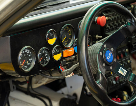Barcelos, Portugal - 01 June 2024: Car cockpit view of an Audi Quattro S1 E2, a legendary rally car from Group B era, displayed at Rallyspirit 2024
