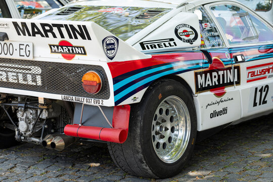 Barcelos, Portugal - 03 June 2023: Close up shot of a Lancia 037 EVO2, a legendary rally car from Group B era, displayed at Rallyspirit 2023