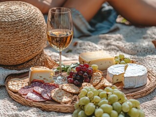 A beautiful picnic setup featuring fresh fruits, cheeses, and wine, arranged in a rustic outdoor setting with natural light