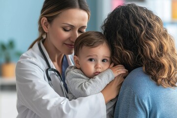 A comforting doctor holds a baby being cradled by its mother, symbolizing pediatric care and trust in a medical professional within the healthcare system.