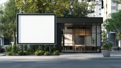 Modern caf? with blank billboard advertisement