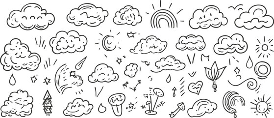 Fototapeta premium Collection of weather-themed doodles including clouds, sun, and rain.