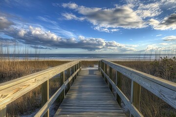 Obraz premium A clean wooden boardwalk leading to the ocean, surrounded by sea grass. picture