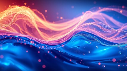 Digital representation of glowing waves with floating particles, creating a mesmerizing abstract background with deep blue and orange hues.