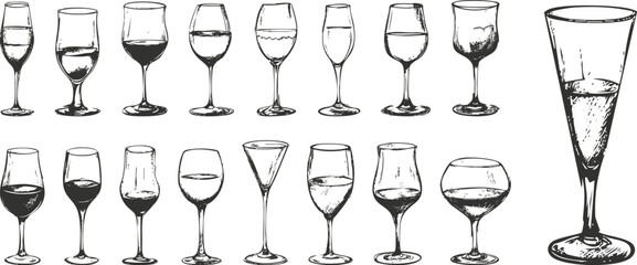 Illustrated set of various wine glasses in black and white.