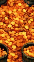 Fototapeta premium A pile of shiny gold coins stacked neatly in a glimmering display with rich copper saucepan in the background