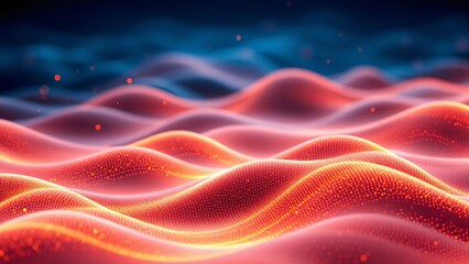 Digital representation of glowing waves with floating particles, creating a mesmerizing abstract background with deep blue and orange hues.