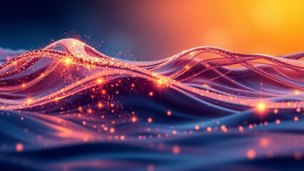 Digital representation of glowing waves with floating particles, creating a mesmerizing abstract background with deep blue and orange hues.