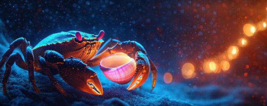 Crab illuminating a shell at night with glowing bokeh in the ocean depths