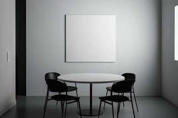 Minimalist modern meeting room mockup.  Empty white canvas on wall, round table with black chairs