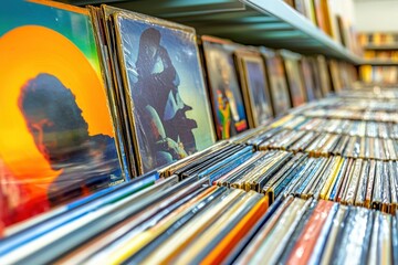 A captivating perspective of vinyl records stacked on shelves, their vibrant album art creating a rich tapestry of musical nostalgia and artistic expression.