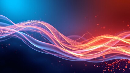Digital representation of glowing waves with floating particles, creating a mesmerizing abstract background with deep blue and orange hues.