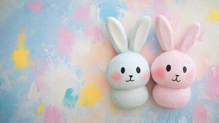 Obraz premium Cute pastel Easter bunnies drawn by hand for Easter-themed decorations.