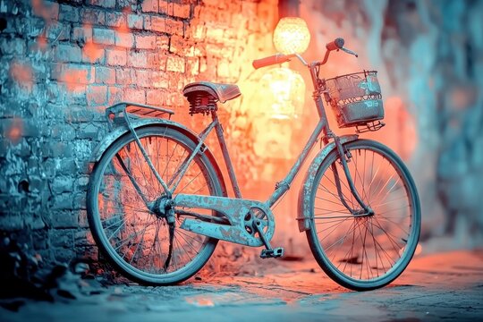 A weathered bicycle with a basket leans against a textured brick wall, bathed in vibrant red and blue lighting, creating a unique and eye-catching urban scene.