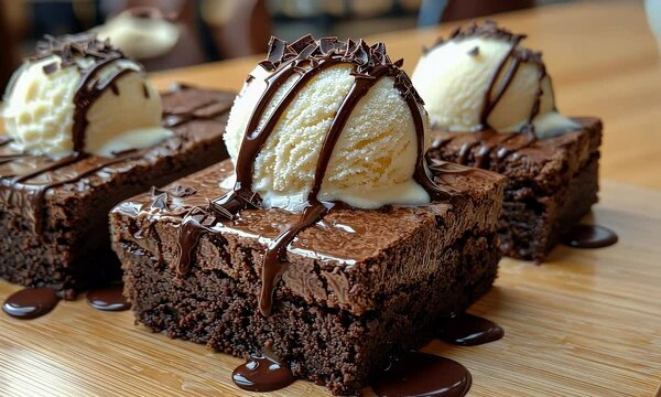 Delicious chocolate brownies with vanilla ice cream, chocolate sauce, and chocolate shavings on wooden board. Perfect for dessert menus