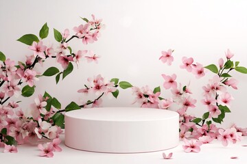 Elegant Floral Display on White Circular Platform with Cherry Blossoms