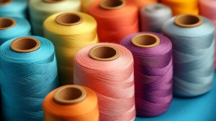 Soft fabric pieces alongside colorful thread spools arranged artistically on blue