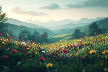 A serene landscape featuring a wildflower meadow in full bloom, with rolling hills and misty mountains in the distance under a soft, diffused sunlight.