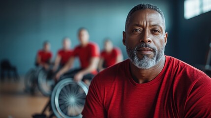 A serious male athlete in a red shirt sits confidently in a competitive wheelchair training environment, embodying strength and perseverance amidst fellow sportspeople.