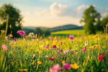 Vibrant wildflower meadow in full bloom under a sunny sky, with lush green trees and rolling hills creating a scenic and joyful summer landscape.