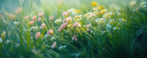Fototapeta premium Dreamy wildflower meadow with blooming pink and white flowers in soft sunlight