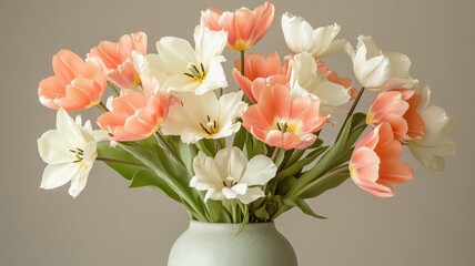 Obraz premium Pastel Peach and White Tulips in a Speckled Vase